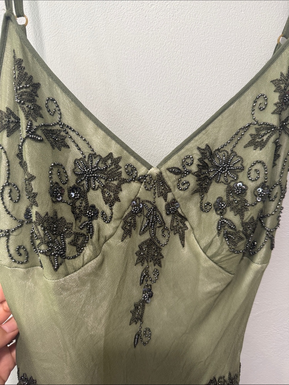 Papell Boutique Vintage Olive Green Embroidered V-Neck Midi Dress Size 8 Petite - Picture 9 of 14